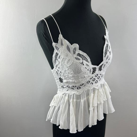 FREE PEOPLE ONE Adella White Crochet Lace Tiered Ruffle Peplum Cami Top Size M - Picture 5 of 9